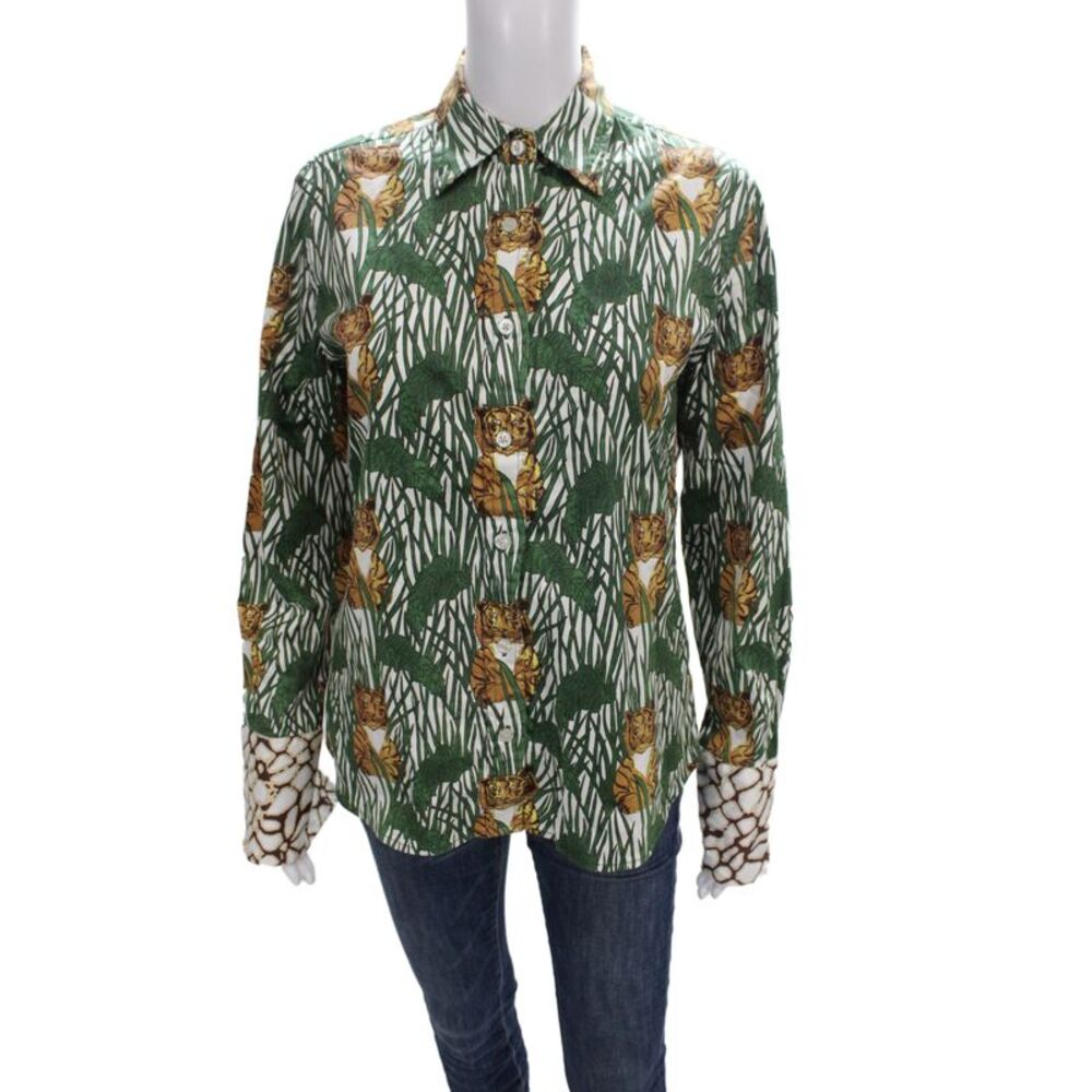 Tizzie Women Brown Animal Print Button Up Blouse Cotton Long Sleeve Size S